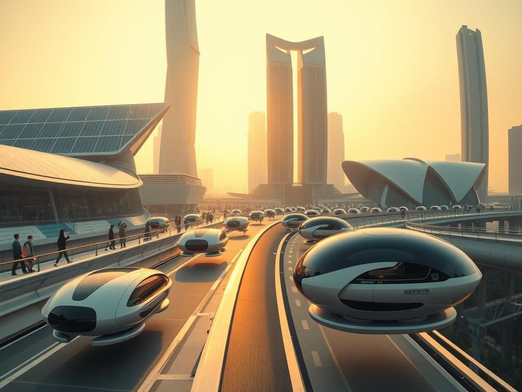 A panoramic view of a futuristic transportation hub, bathed in warm, diffused lighting. In the foreground, a collection of sleek, hover-enabled personal mobility devices float effortlessly, their streamlined designs suggesting advanced propulsion systems. In the middle ground, commuters glide along elevated walkways, their movements choreographed by an intelligent transportation network. The background features towering, architecturally-inspiring structures, their facades adorned with seamlessly integrated solar panels and holographic displays. The overall scene conveys a sense of harmonious integration between technology, urban design, and the human experience of personal mobility.