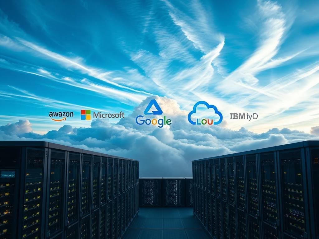A panoramic view of a modern cloud computing landscape, showcasing the major cloud service providers. In the foreground, sleek data centers with glowing LED lights and cooling towers. Towering in the middle ground, prominent cloud logos like AWS, Microsoft Azure, Google Cloud, and IBM Cloud hover above the data centers. In the background, a vibrant sky with wispy clouds, creating a sense of scale and the vastness of the cloud ecosystem. The lighting is crisp and directional, casting dramatic shadows and highlighting the architectural details. The overall scene conveys the power, reliability, and ubiquity of cloud computing as the foundation for digital transformation.