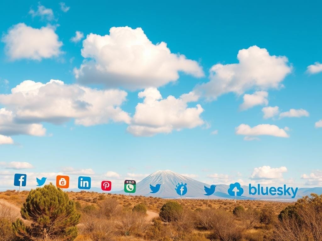 A panoramic view of a vibrant bluesky landscape, with fluffy white clouds drifting overhead. In the foreground, various social media platform logos are prominently displayed, each representing a different approach to online identity and verification. The middle ground showcases a sleek, minimalist interface resembling the Bluesky platform, its clean design and intuitive layout inviting comparison. In the distance, a majestic mountain range stands tall, symbolizing the aspirations and potentials of the new decentralized social network. Warm, natural lighting bathes the scene, conveying a sense of openness and exploration. The overall composition invites the viewer to consider the strengths and nuances of each platform, and how Bluesky might reshape the future of social media.