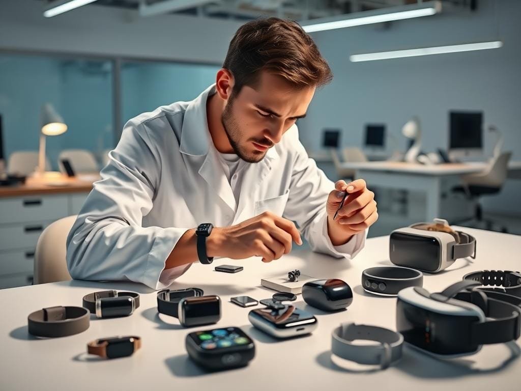 A person in a white lab coat, surrounded by various wearable tech devices like smartwatches, fitness trackers, and VR headsets, intently examining and troubleshooting them on a clean, well-lit workbench. The background is a modern, minimalist office or tech lab setting, with sleek furniture and equipment. Soft, directional lighting illuminates the scene, casting subtle shadows and highlighting the concentration on the person's face as they meticulously inspect and tinker with the devices. The overall mood is one of problem-solving and innovation, capturing the essence of "Troubleshooting Common Wearable Technology Issues".