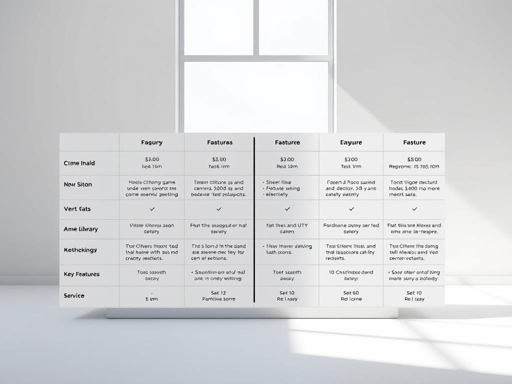 A photorealistic, high-resolution image of a minimalist table display showcasing a side-by-side comparison of popular gaming subscription services. The table features crisp icons, clean typography, and concise descriptions for each service, including their pricing plans, game library sizes, and key features. The background is a simple, neutral-toned studio setting with natural lighting from a large window, creating a sense of sophistication and professionalism. The overall composition is balanced, visually striking, and designed to clearly highlight the differences between the various gaming subscription options.