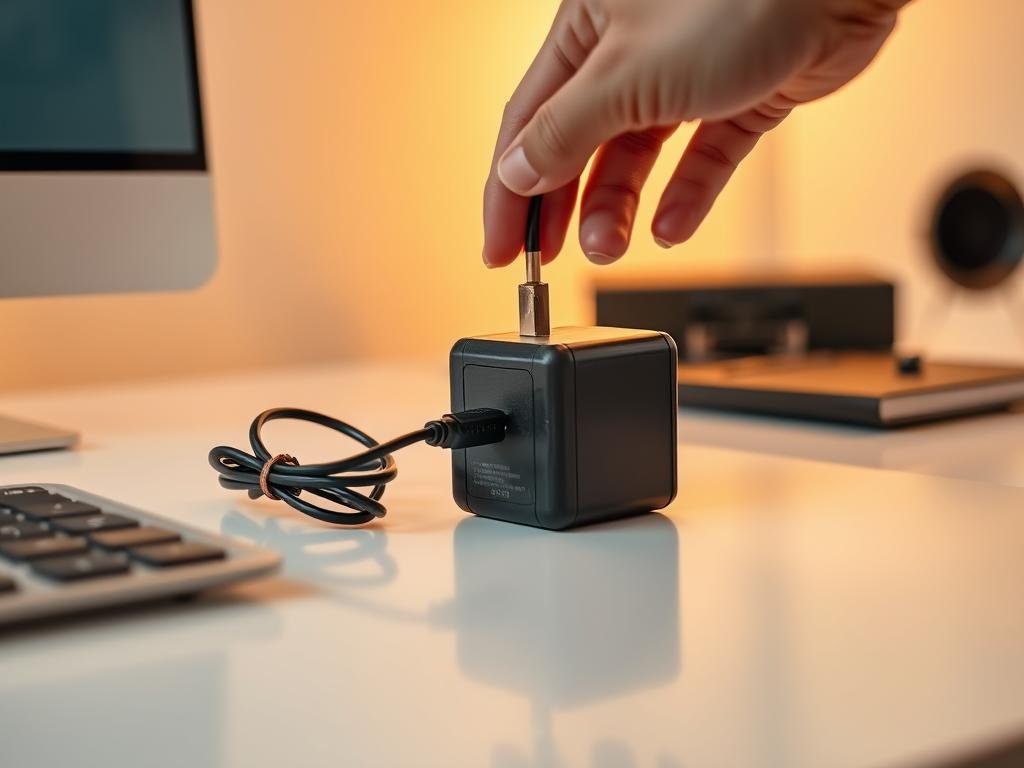 a power adapter sits on a sleek, modern desk, its worn casing and fraying cord contrasting with the clean, minimalist workspace. warm, directional lighting accentuates the adapter's form, highlighting its functional yet outdated design. in the foreground, a hand reaches to unplug the adapter, signaling the need for a replacement. the background is softly blurred, drawing the viewer's attention to the central subject and the act of upgrading this essential, yet often overlooked, device.