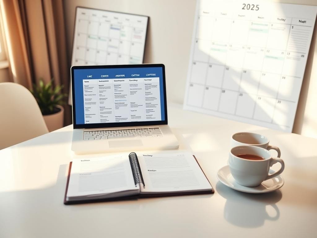 A pristine white office desk, neatly organized with a laptop, a planner, and a cup of coffee. The laptop screen displays a Facebook posting schedule, with meticulous time slots and content ideas. In the background, a large calendar on the wall provides an overview of the social media strategy. Warm, natural lighting filters through the window, casting a cozy glow on the scene. The atmosphere conveys a sense of productivity, efficiency, and careful planning, reflecting the optimal Facebook posting schedule for the year 2025.