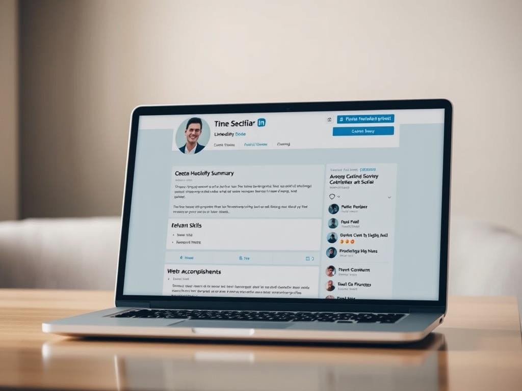 A professional LinkedIn profile displayed on a laptop screen, with the background blurred and softened. The profile is optimized, showcasing a clear headshot, polished summary, relevant skills, and a curated list of accomplishments. The lighting is soft and even, creating a warm, inviting atmosphere. The laptop is positioned at a slight angle, allowing for a clean, uncluttered composition that highlights the profile's key details. The overall mood is one of professionalism, clarity, and attention to personal branding.