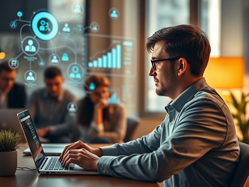 a professional linkedin user navigating an engaging group discussion, surrounded by insightful data visualizations and networking icons. the scene is illuminated by a warm, natural lighting, captured through a medium-wide angle lens. the atmosphere conveys a sense of productive collaboration and strategic planning for effective lead generation on the platform.