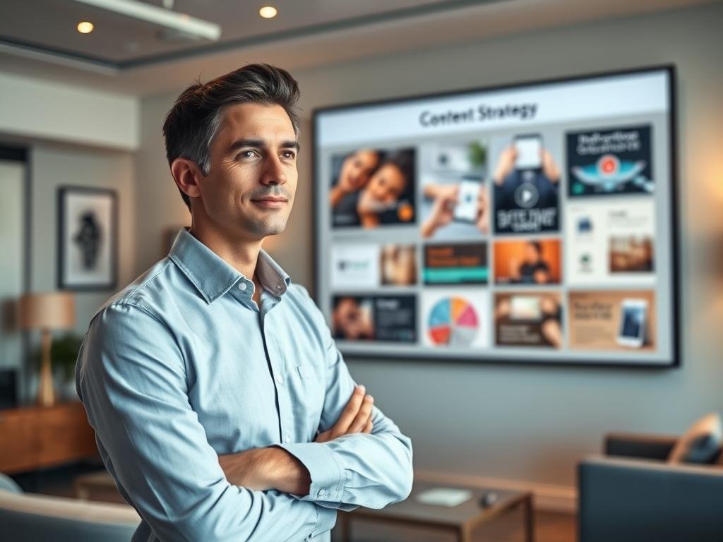 A professional, clean-cut business person standing confidently in a modern, well-lit office, their gaze focused on a large wall display showcasing a visually engaging content strategy presentation. The background features tasteful decor and minimalist furnishings, creating a sophisticated, high-quality ambiance. Warm lighting casts a subtle glow, emphasizing the importance and impact of the visual content strategy being presented. The overall scene conveys a sense of purposeful, thoughtful communication and a strategic approach to content creation.