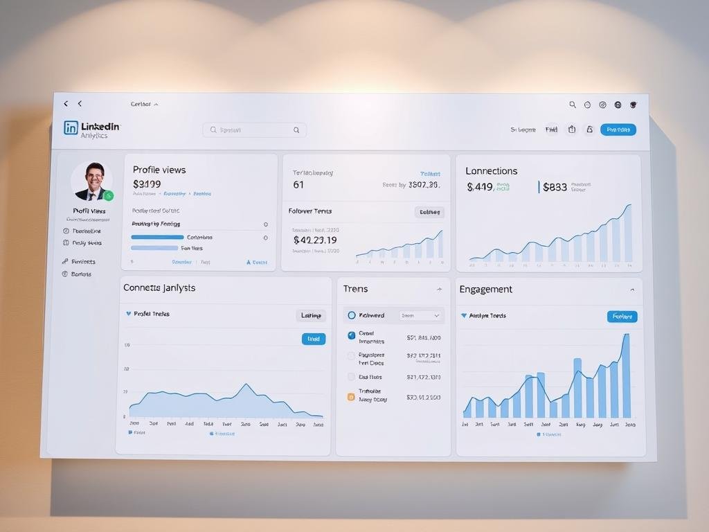 A professional data visualization dashboard displaying various LinkedIn analytics metrics, including profile views, connections, engagement, and follower trends. The dashboard is set against a clean, minimalist background with a neutral color palette. The data is presented in a clear, easy-to-interpret format, with interactive charts and graphs that highlight the key insights. The lighting is soft and directional, creating depth and emphasizing the visual hierarchy. The camera angle is slightly elevated, giving an overview of the dashboard and creating a sense of authority and professionalism. The overall mood is one of clarity, efficiency, and data-driven decision making.