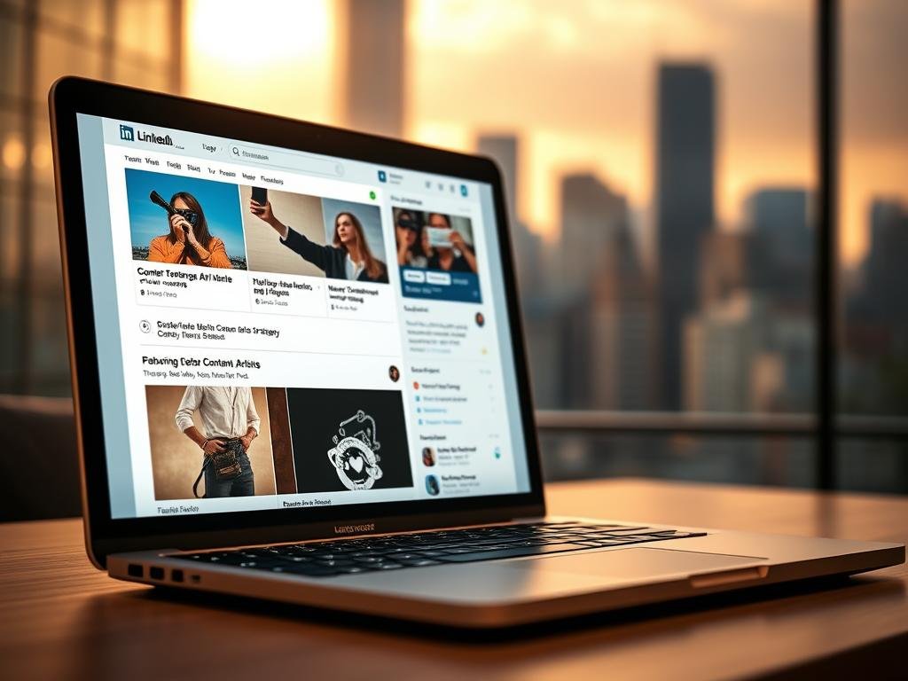 a professional, dynamic linkedin feed showcasing captivating content marketing strategies. in the foreground, a laptop screen displays engaging visuals, infographics, and thought-provoking articles. the middle ground features a stylized linkedin app interface, with sleek icons and menus. in the background, a blurred cityscape sets the scene, conveying a sense of modern, urban professionalism. the lighting is soft and warm, creating a polished, high-quality aesthetic. the camera angle is slightly angled, lending a sense of depth and perspective to the composition. the overall mood is one of authority, innovation, and digital savvy, perfectly capturing the essence of effective content marketing on the linkedin platform.