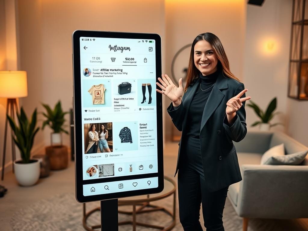 A professional, well-lit studio setting with an influencer-style Instagram feed displayed on a large tablet or smartphone. The feed showcases various affiliate marketing products and discount codes, with a clean, minimalist UI design. In the foreground, a fashionably dressed influencer stands beside the device, gesturing towards the screen with a welcoming, engaging expression. The background features tasteful decor elements like potted plants, sleek furniture, and warm lighting, creating an aspirational, on-brand atmosphere for the affiliate marketing presentation.