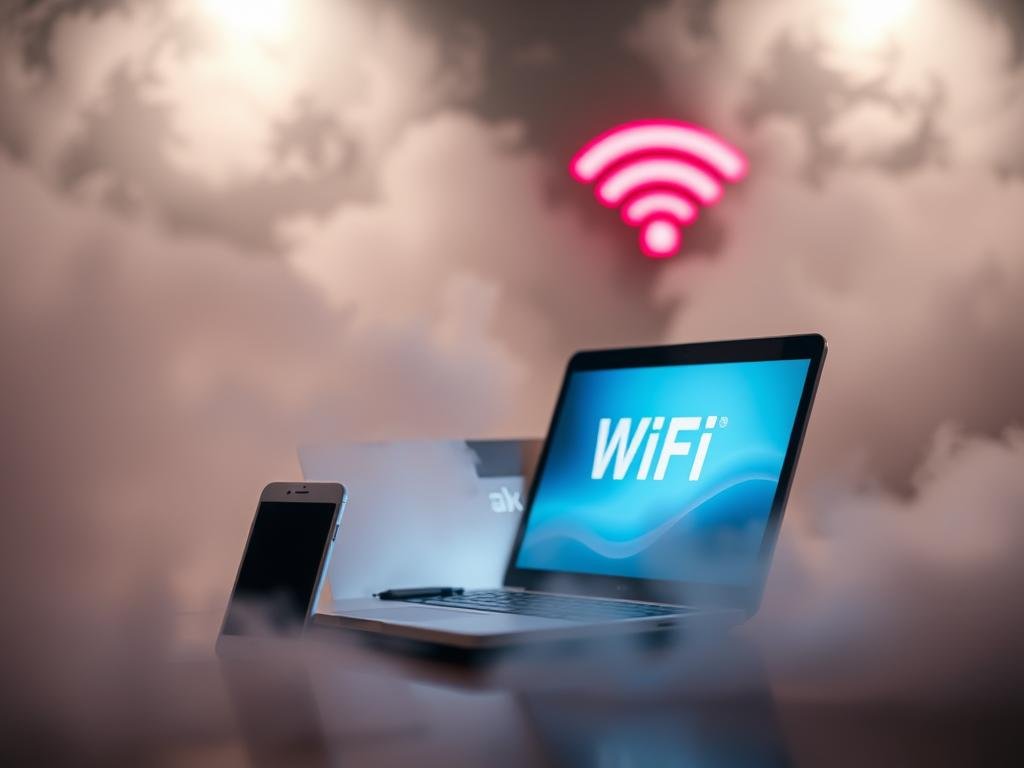 A public WiFi hotspot with a laptop and smartphone prominently displayed, surrounded by a vague, ethereal cloud-like background suggesting a sense of uncertainty and vulnerability. The devices are bathed in a soft, diffused lighting, creating an atmosphere of tranquility that belies the potential security risks. The scene is captured from a slightly elevated angle, conveying a sense of oversight and cautionary perspective. The overall mood evokes a subtle warning about the need for vigilance when using public internet connections.