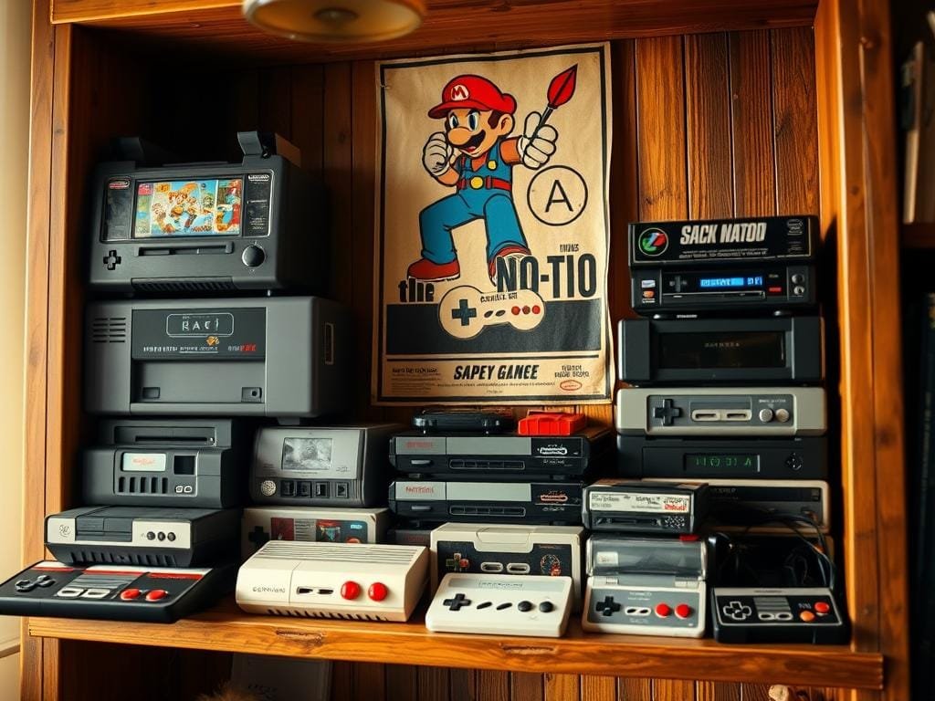 A retro gaming collection displayed on a vintage wooden shelf, bathed in warm, soft lighting. In the foreground, an array of classic game consoles, their vibrant pixel-art covers and controllers neatly arranged. The middle ground features a collection of cartridges and discs, their labels hinting at timeless adventures. In the background, a faded poster of a beloved 8-bit hero frames the scene, evoking a nostalgic atmosphere. The image is captured with a shallow depth of field, emphasizing the tactile, tangible nature of this retro gaming setup, inviting the viewer to step back in time and immerse themselves in the golden age of video games.