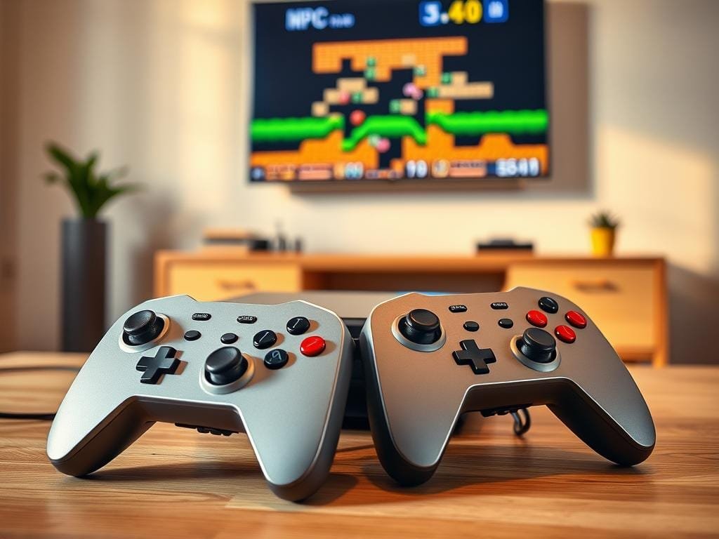A retro gaming console, its pixelated graphics reimagined with modern technology. In the foreground, sleek controllers with LED-backlit buttons seamlessly blend old and new. The console itself, a metallic chassis with angular lines, sits atop a minimalist wooden table, bathed in warm, directional lighting. In the background, a wall-mounted display showcases a classic game, its pixels now crisp and vibrant, integrated with smart home features. The scene exudes a sense of nostalgia tempered by the embrace of contemporary design and functionality, reflecting the evolution of retro gaming in the digital age.