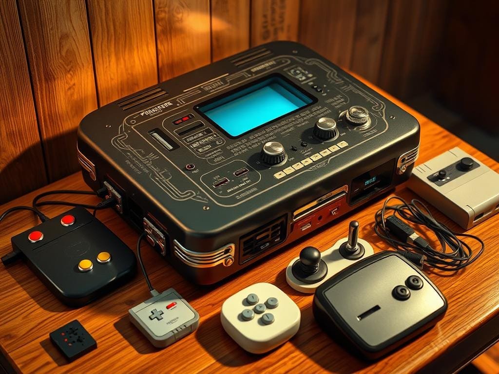 A retro gaming console with a customized, retrofuturistic aesthetic. The device sits atop a wooden surface, bathed in warm, vintage lighting. The shell is adorned with intricate engravings, dials, and chrome accents, giving it an old-world charm. Beside it, a variety of gaming paraphernalia - joysticks, cartridges, and controllers - are arranged in a visually appealing display. The overall scene evokes a sense of nostalgia and a passion for classic gaming, inviting the viewer to imagine the endless hours of entertainment and immersion this setup could provide.