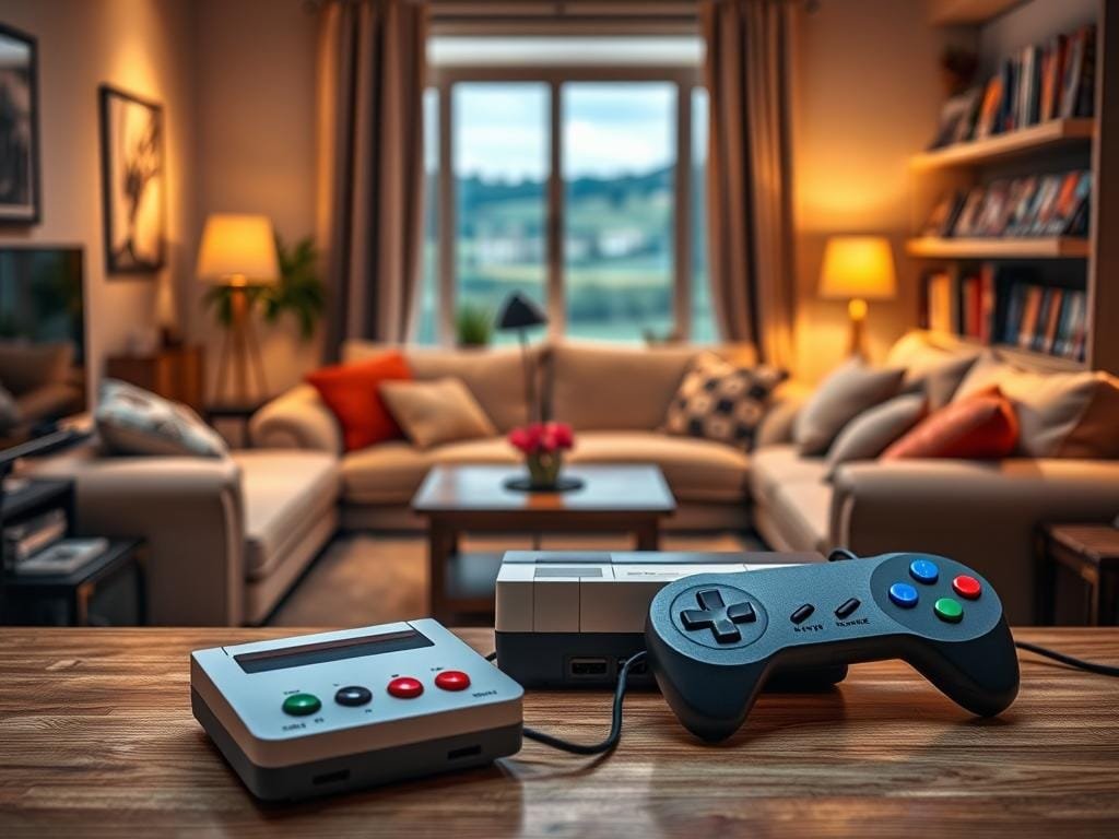 A retro gaming setup against a warm, nostalgic backdrop. In the foreground, a vintage console and controllers rest on a wooden table, their vibrant pixels glowing softly. The middle ground features a cozy living room with plush seating and shelves lined with classic game cartridges. Soft, indirect lighting creates a comfortable, inviting atmosphere. In the background, a window overlooks a tranquil, pastoral scene, hinting at the sense of escapism and relaxation that retro gaming can provide. The overall composition conveys the timeless appeal and mental health benefits of revisiting the joys of gaming's golden era.