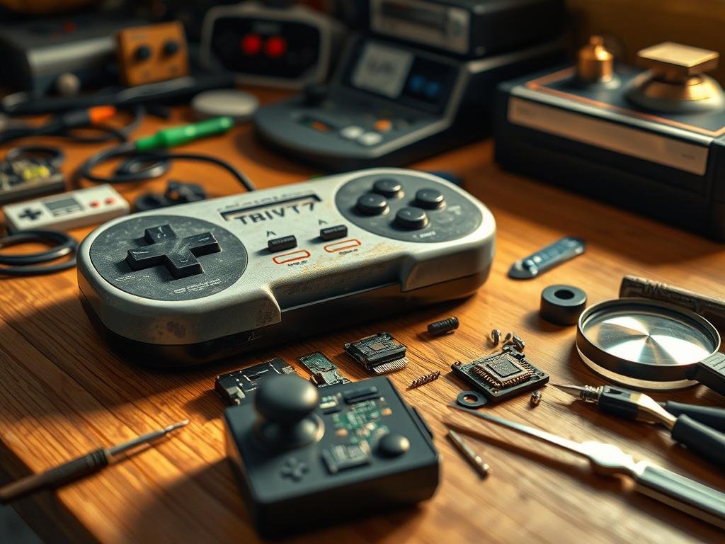 a retro video game controller lying on a wooden workbench, surrounded by various tools and spare parts. warm, soft lighting illuminates the scene, casting gentle shadows and highlighting the intricate details of the controller's weathered exterior. the foreground features the disassembled components, including joysticks, buttons, and circuit boards, neatly arranged for inspection and repair. in the middle ground, a set of precision screwdrivers, tweezers, and a magnifying glass suggest the delicate, meticulous work required to restore the vintage gaming relic. the background showcases a collection of other retro gaming memorabilia, hinting at the owner's passion for preserving these iconic devices.