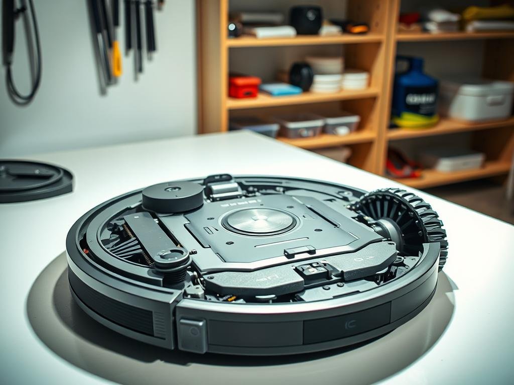 a robotic vacuum cleaner disassembled on a clean, well-lit workbench, revealing its intricate mechanical components. the brushes, wheels, and sensors are meticulously arranged, showcasing the attention to detail required for proper maintenance. bright task lighting illuminates the scene, casting sharp shadows that accentuate the precision engineering. in the background, a shelf displays various cleaning tools and replacement parts, conveying the importance of having the right equipment on hand. the overall mood is one of focused, technical professionalism, reflecting the care and expertise needed to keep a robotic vacuum operating at peak performance.