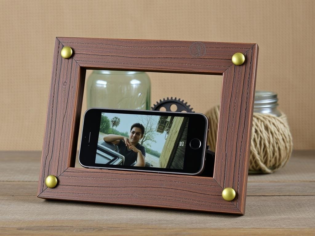 A rustic, handcrafted smartphone photo frame made from upcycled materials. In the foreground, a vintage wooden frame with a distressed finish, its corners adorned with brass accents. The frame holds a smartphone, its screen displaying a nature-inspired photo. In the middle ground, a collection of repurposed items - a glass jar, a metal gear, and a coil of twine - add texture and depth. The background features a neutral, earthy backdrop, allowing the upcycled elements to take center stage. The lighting is soft and warm, casting a cozy, homespun ambiance over the scene. This simple yet charming composition celebrates the beauty of giving new life to old things.