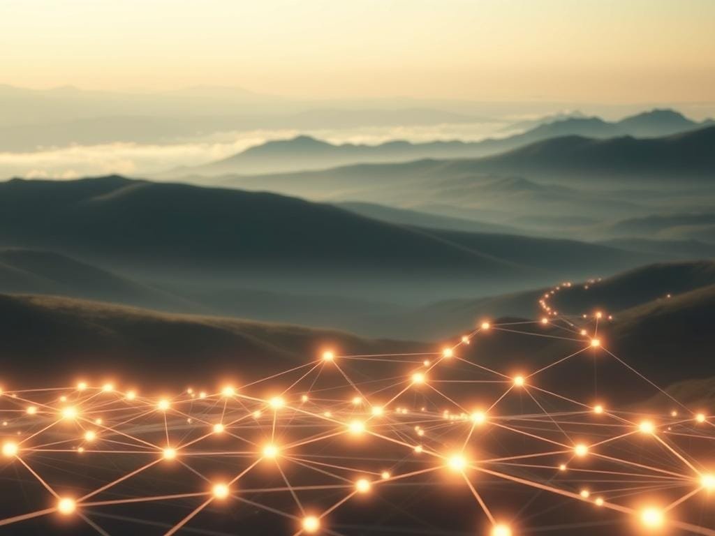 A serene and ethereal landscape depicting the concept of decentralization. In the foreground, a network of glowing nodes and interconnected pathways form a decentralized web, conveying the idea of a distributed, self-governing system. The middle ground features rolling hills and a vast, open sky, symbolizing the boundless potential and freedom of a decentralized architecture. Soft, diffused lighting casts a warm, dreamlike glow over the scene, evoking a sense of harmony and balance. The overall composition suggests a tranquil, yet dynamic, visualization of the power and importance of decentralization.
