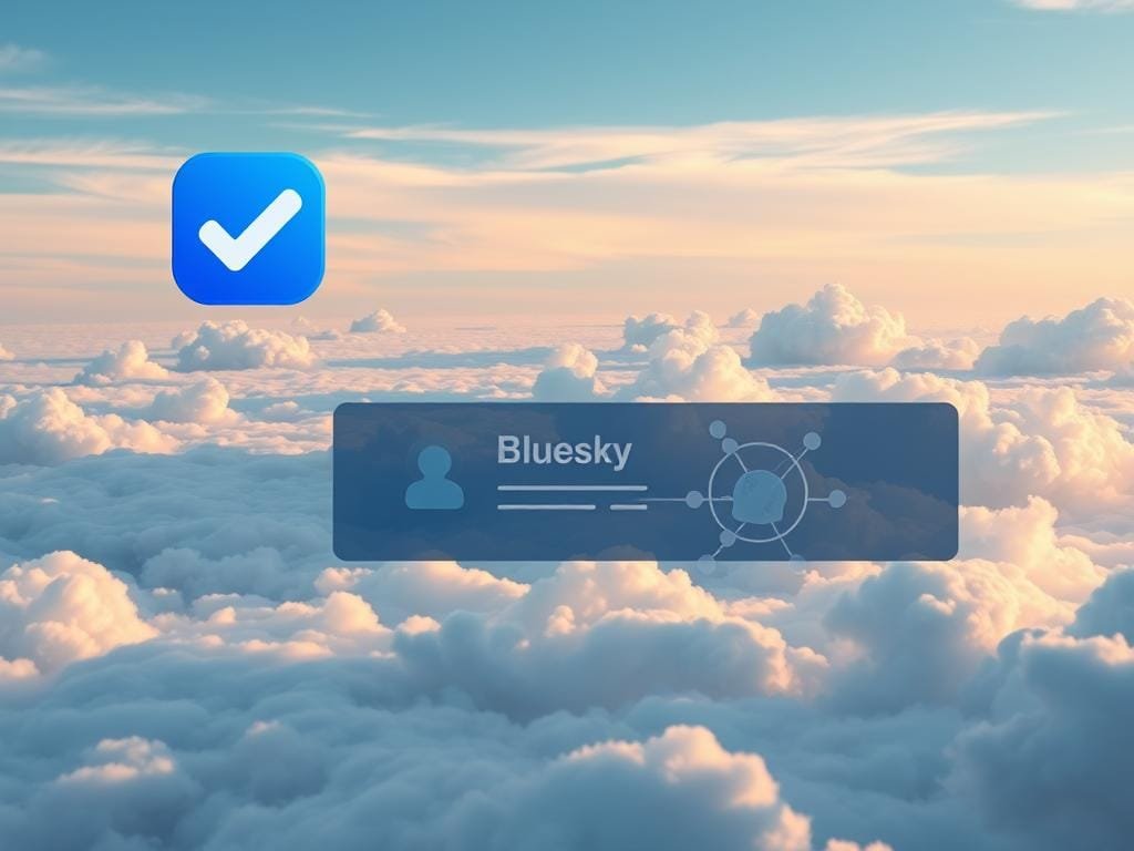A serene, cloud-filled sky stretches across the frame, setting the stage for the Bluesky verification process. In the foreground, a stylized icon representing the "blue check" mark hovers, its azure hue radiating a sense of authenticity and trust. The middle ground features a sleek, minimalist interface with clean lines and subtle animations, guiding the viewer through the verification steps. The background layers reveal a dynamic network of interconnected nodes, symbolizing the decentralized nature of the Bluesky platform. Warm, diffused lighting bathes the scene, creating a sense of professionalism and transparency. The overall composition conveys the seamless, intuitive nature of the Bluesky verification process, instilling confidence in the user.