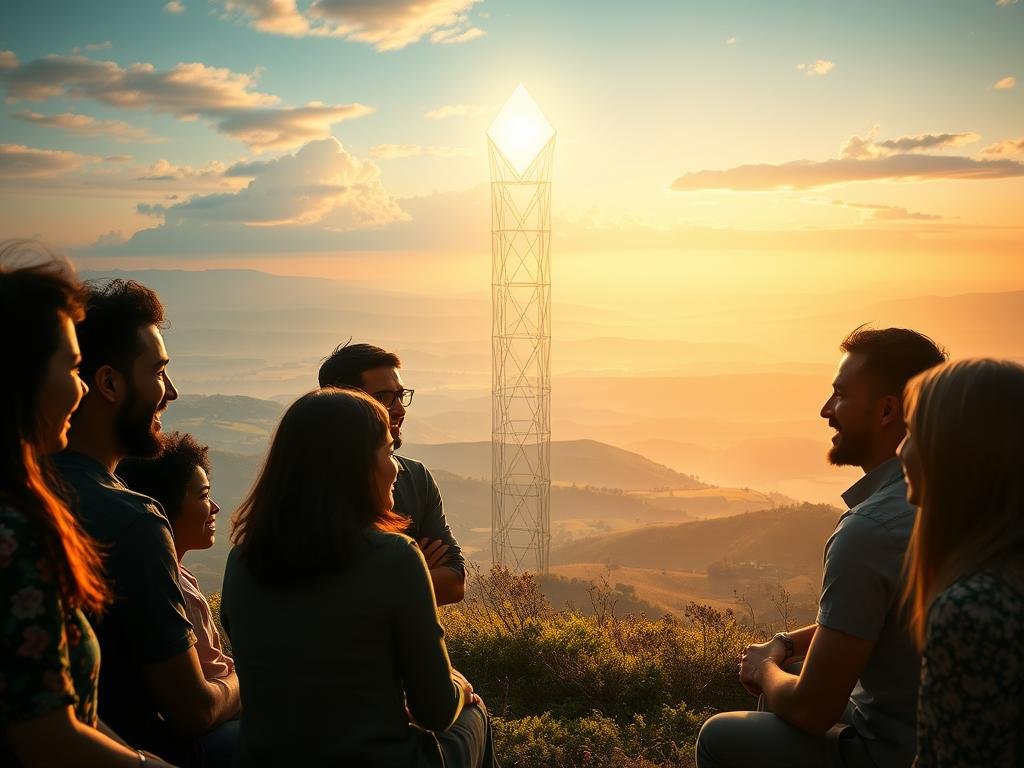 A serene digital landscape showcasing the benefits of DAO governance. In the foreground, a group of diverse individuals engage in animated discussions, their expressions conveying collaboration and shared purpose. The middle ground features a towering, ethereal structure representing the decentralized decision-making process, its facets glowing with an inner light. In the background, a panoramic vista of rolling hills and a tranquil sky, symbolizing the transparency and openness inherent in DAO systems. The scene is bathed in a warm, diffused lighting, creating a sense of harmony and unity. The overall composition conveys the empowerment, transparency, and collaborative nature of DAO governance.