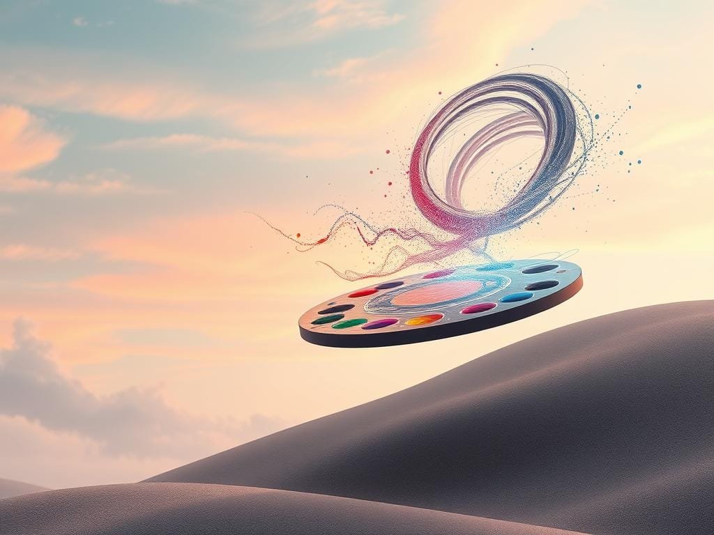 A serene, ethereal landscape where AI and creativity intertwine. In the foreground, a futuristic artist's palette hovers, its digital brushstrokes manifesting vibrant, abstract forms. Cascading behind it, a swirling vortex of data streams and algorithm-driven particles, hinting at the symbiotic relationship between technology and human imagination. The background is a dreamlike, pastel-hued sky, bathed in a warm, diffused light that lends an atmosphere of contemplation and wonder. The overall scene conveys a sense of harmony and synergy, where the boundless potential of AI amplifies and enhances the creative spirit.
