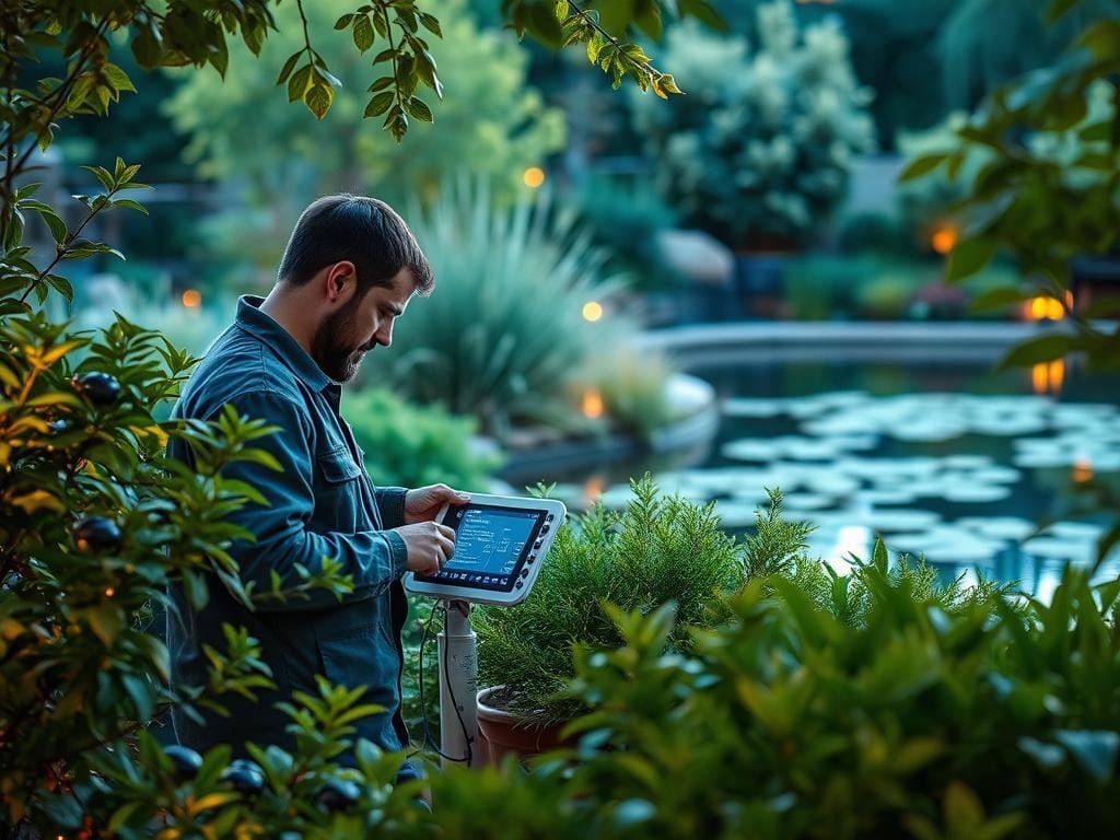 A serene garden setting, a well-designed IoT system installation in progress. In the foreground, a technician deftly connecting sensors and wiring amid lush, verdant foliage. The middle ground showcases a central control panel, its sleek interface illuminated by warm lighting. In the background, a tranquil pond reflects the vibrant greenery and the soft glow of the evening sky. The scene conveys a harmonious integration of technology and nature, creating a captivating image of a smart garden automation system being expertly installed.