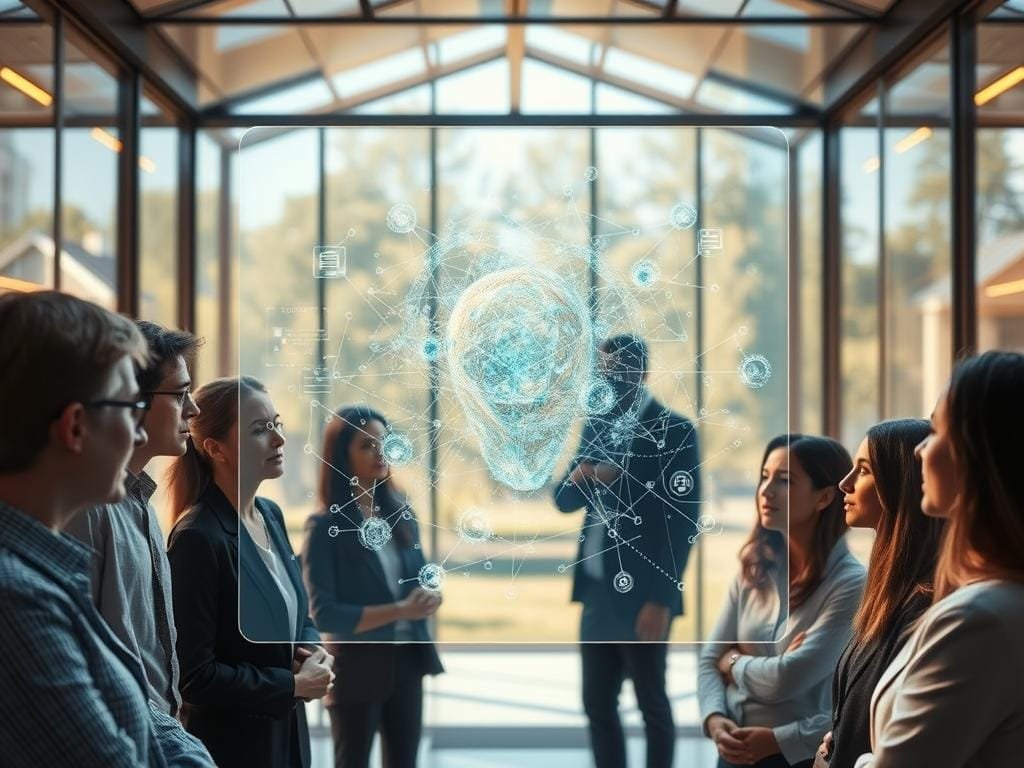 A serene, glass-enclosed office space, flooded with warm, natural light. In the center, a transparent, holographic display showcases a complex, AI-powered data visualization, its intricate patterns and dynamic interactions visible to all. Surrounding the display, a group of professionals intently study the information, their expressions thoughtful and engaged. The atmosphere is one of collaborative discovery, where transparency and accountability are woven into the fabric of the AI system. The scene conveys a sense of openness, trust, and a commitment to responsible technological development.