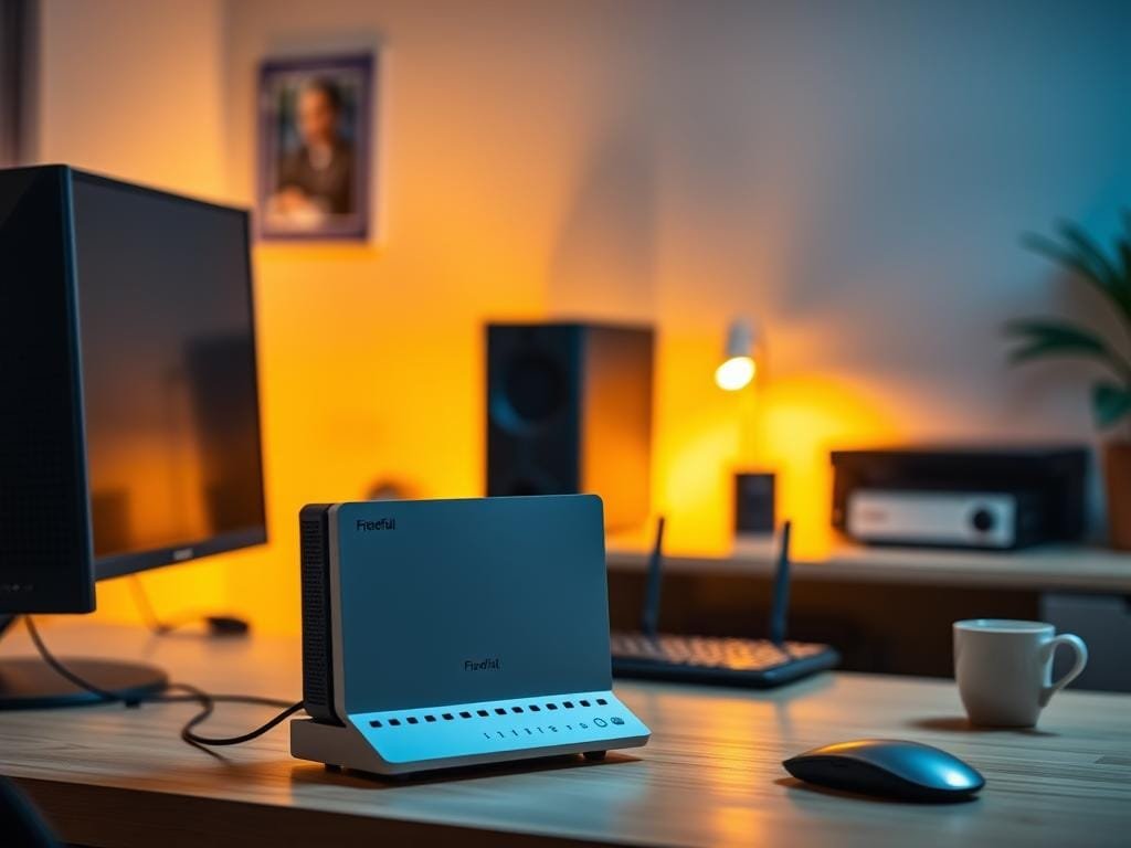 A serene home office setting with a desktop computer, router, and various cybersecurity devices arranged neatly. Warm, indirect lighting illuminates the scene, creating a cozy yet professional atmosphere. In the foreground, a sleek firewall and a network-monitoring device sit atop the desk, symbolizing the homeowner's proactive approach to securing their home network. The middle ground features a keyboard, mouse, and a cup of coffee, highlighting the practical, hands-on nature of DIY cybersecurity. The background showcases a minimalist wall decor, suggesting a thoughtfully designed and well-organized home workspace dedicated to protecting digital assets.