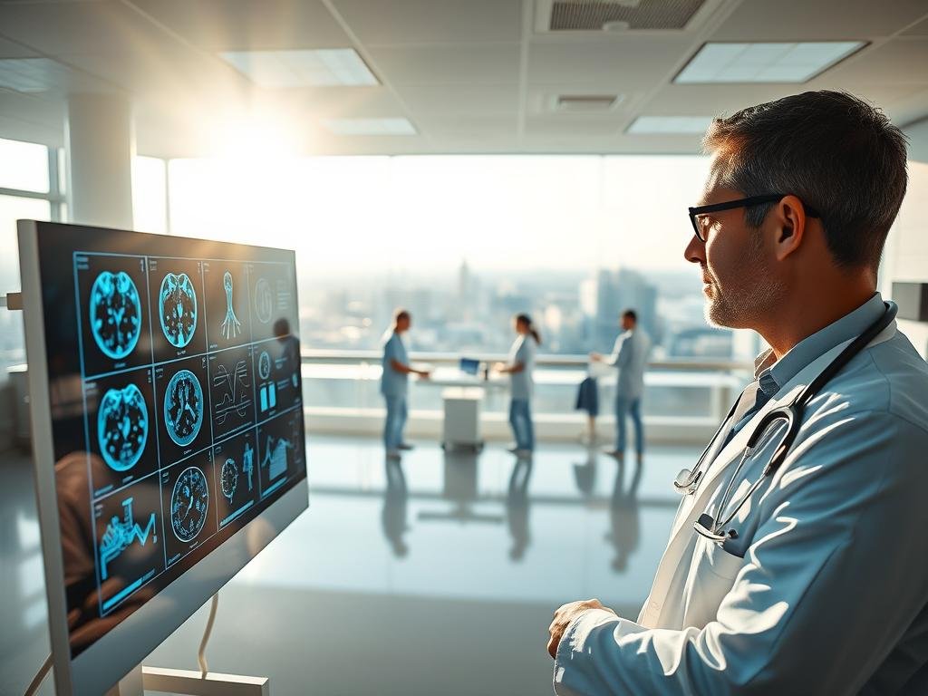 a serene medical facility bathed in soft, natural light. in the foreground, a doctor attentively examines a patient's medical scans on a high-resolution touchscreen display, interpreting ai-powered insights that enhance diagnostic accuracy. in the middle ground, nurses and staff efficiently collaborate using state-of-the-art healthcare technology, streamlining workflows and improving patient outcomes. in the background, a panoramic view of a bustling hospital campus, where innovative research labs push the boundaries of medical ai, developing intelligent systems that transform the future of patient care.