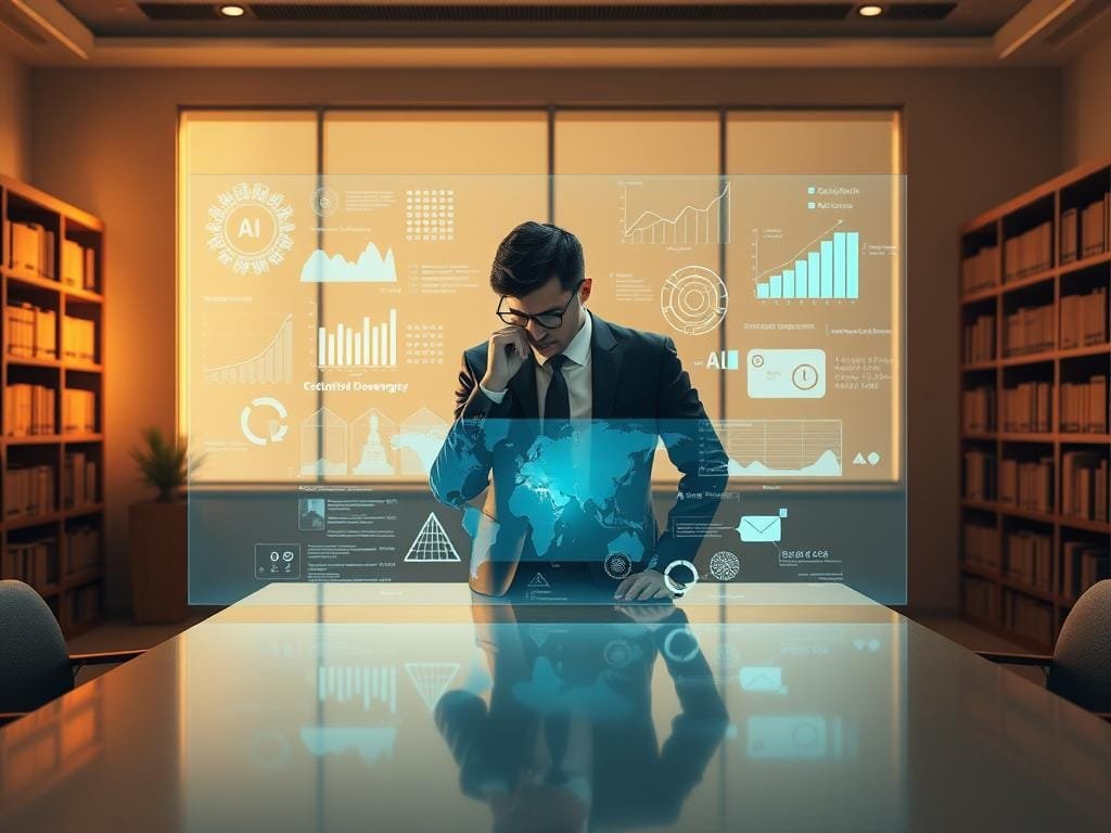 A serene office setting, with a large desk at the center. Behind the desk, a contemplative human figure in business attire, deep in thought, gazing intently at a holographic display depicting various AI data streams and analytics. The room is bathed in a warm, diffused light, creating a sense of tranquility and focus. Shelves of reference materials line the walls, hinting at the depth of knowledge and oversight required. The figure's pose radiates a sense of responsibility and diligence, underscoring the importance of human involvement in guiding the ethical development of AI systems.