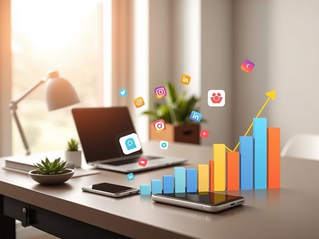 A serene office setting with a minimalist desk, featuring a laptop, smartphone, and a succulent plant. Soft natural lighting filters in through a large window, casting a warm glow on the scene. In the foreground, colorful social media icons and graphs depicting organic growth strategies float and interact, hinting at the digital nature of Instagram marketing. The background is blurred, keeping the focus on the desk and the data visualizations. The overall atmosphere is one of productivity, organization, and the pursuit of sustainable audience growth.