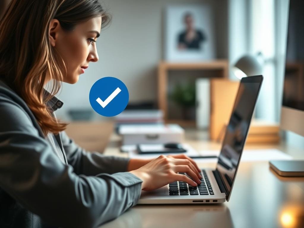 A serene office setting, with a person sitting at a well-organized desk, intently focused on a laptop screen. Soft, diffused lighting illuminates the scene, creating a calm and professional atmosphere. The individual's hand hovers over the keyboard, as if carefully tending to the maintenance of their coveted blue verification checkmark. The background is a tasteful blend of muted tones, with subtle hints of technology and workspace accoutrements, all contributing to the sense of a diligent and meticulous task at hand.