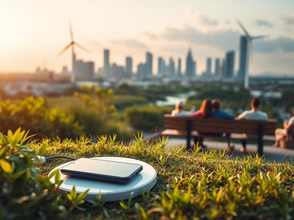 A serene outdoor scene depicting eco-friendly charging solutions for smartphones. In the foreground, a sleek wireless charging pad powered by a solar panel nestled amidst lush greenery. In the middle ground, a group of people relaxing on a wooden bench, their devices charging wirelessly. In the background, a city skyline with modern architecture and wind turbines generating renewable energy. Warm, natural lighting illuminates the scene, creating a sense of harmony between technology and the environment. The overall mood is one of sustainability, efficiency, and a forward-thinking approach to mobile device charging.