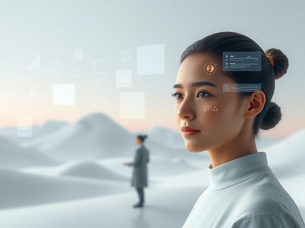 A serene, personalized digital landscape featuring a central figure of an AI assistant, subtly highlighted in the foreground. The assistant is rendered with a warm, lifelike appearance, conveying a sense of approachability and personalization. The middle ground showcases a harmonious blend of digital elements, such as floating information panels, adaptive UI components, and personalized data visualizations. The background is a tranquil, minimalist environment with soft lighting and a calming color palette, emphasizing the seamless integration of AI technology into the user's personal space. The overall scene suggests a deep, intuitive connection between the individual and their AI-powered digital companion.