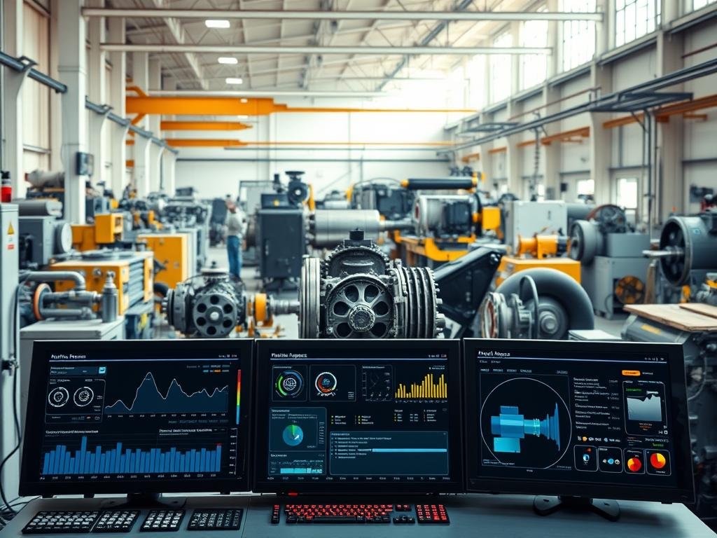 a serene, well-lit workshop filled with a variety of industrial equipment and machinery. in the foreground, a centralized control panel with intuitive displays and analytics dashboards showcases predictive maintenance data and insights. the middle ground features a diverse array of mechanical components, gears, and sensors being monitored and diagnosed in real-time. the background depicts a clean, organized workspace with ample natural lighting streaming in, conveying a sense of efficiency and technological sophistication. the overall mood is one of proactive, data-driven maintenance that optimizes asset performance and reduces unexpected downtime.