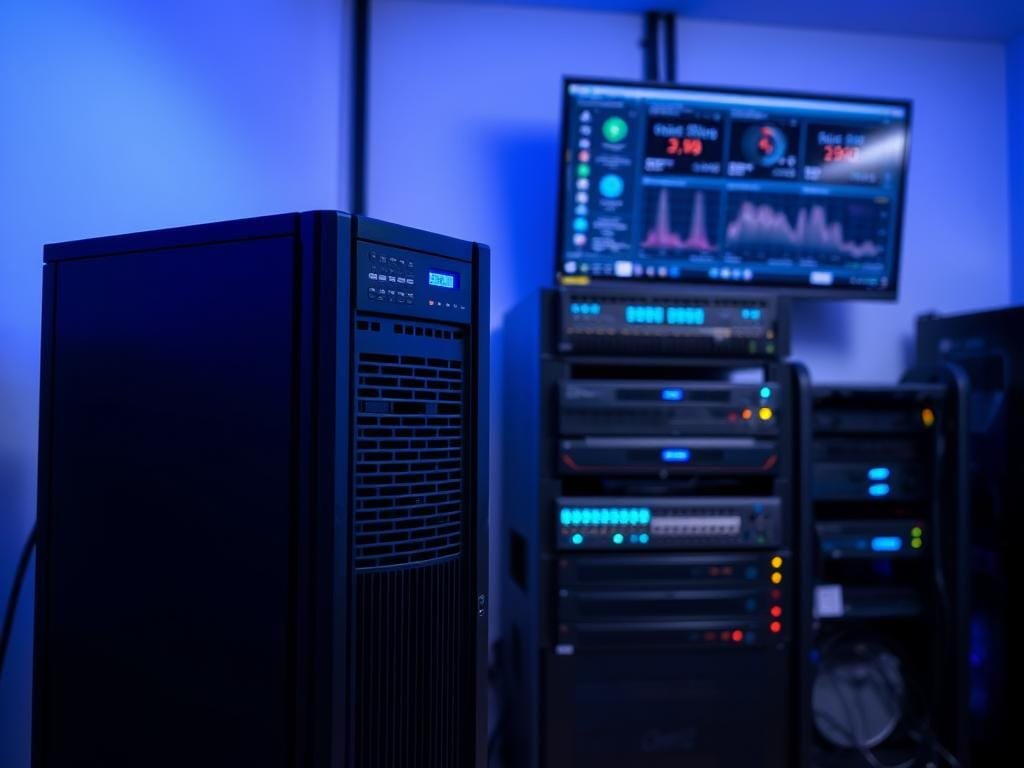 A server room with modern equipment and security features. The scene has a clean, professional atmosphere with subtle blue lighting illuminating the equipment. In the foreground, a rack-mounted server stands prominently, its blinking lights and vents conveying the server's power and capabilities. In the middle ground, a firewall appliance and network switches are neatly arranged, symbolizing the layers of network security. The background features a wall-mounted display showing real-time security monitoring and analytics, providing a comprehensive view of the server's protection. The overall composition suggests a well-designed, highly secure home server setup, ready to safeguard data and media streaming.
