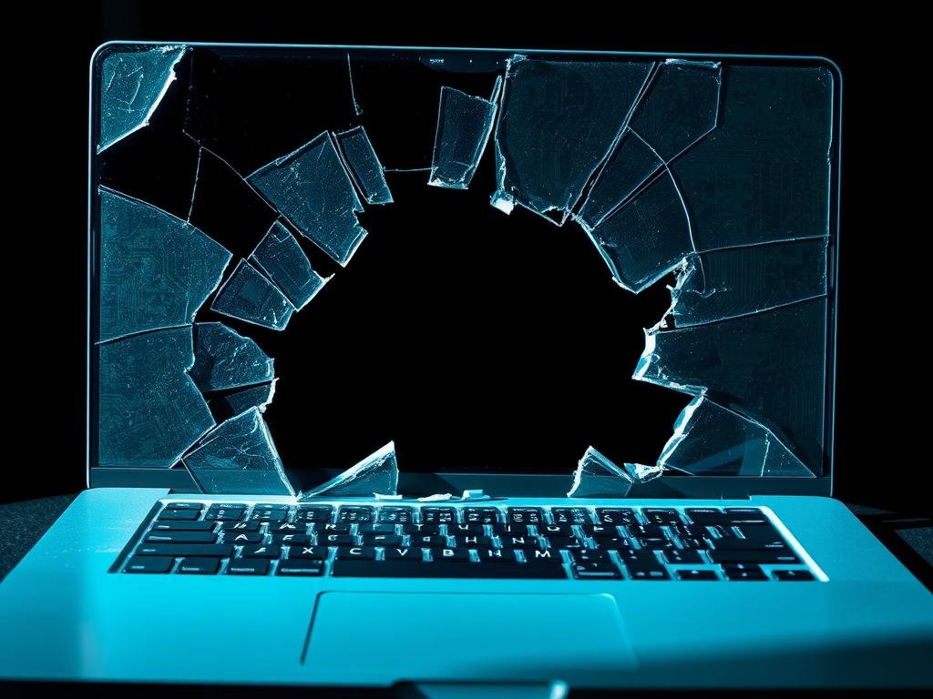 a shattered laptop screen, the glass shards casting a sharp, fragmented reflection against the dim, desaturated backdrop. the edges of the screen are cracked and peeling, revealing the internal circuitry and electronic components underneath. shadows cast by the broken pieces create a sense of depth and texture, conveying the disarray and damage. the lighting is harsh, creating high-contrast highlights and deep shadows that accentuate the jagged, uneven surface. the overall mood is one of disrepair and disarray, hinting at the need for repair and restoration.