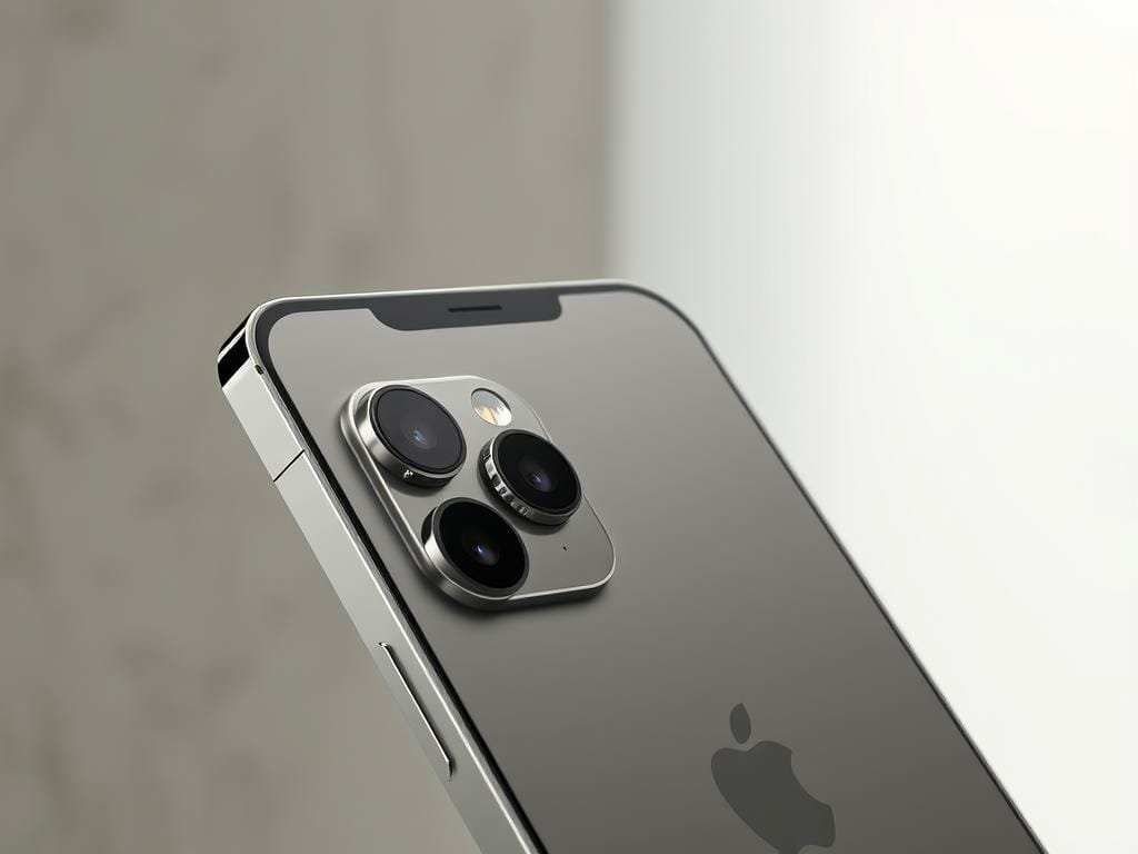 A sleek and innovative iPhone 17 Pro Max design displayed against a softly blurred backdrop. The device features a stunning edge-to-edge display with a subtle notch and a polished stainless steel frame. The triple-lens camera system is elegantly integrated into the rear panel, showcasing the latest advancements in mobile photography. Delicate lighting accentuates the device's premium materials and cutting-edge aesthetic, conveying a sense of sophistication and technological prowess. The composition emphasizes the iPhone's refined form and attention to detail, hinting at the groundbreaking features and user experience that lie within.