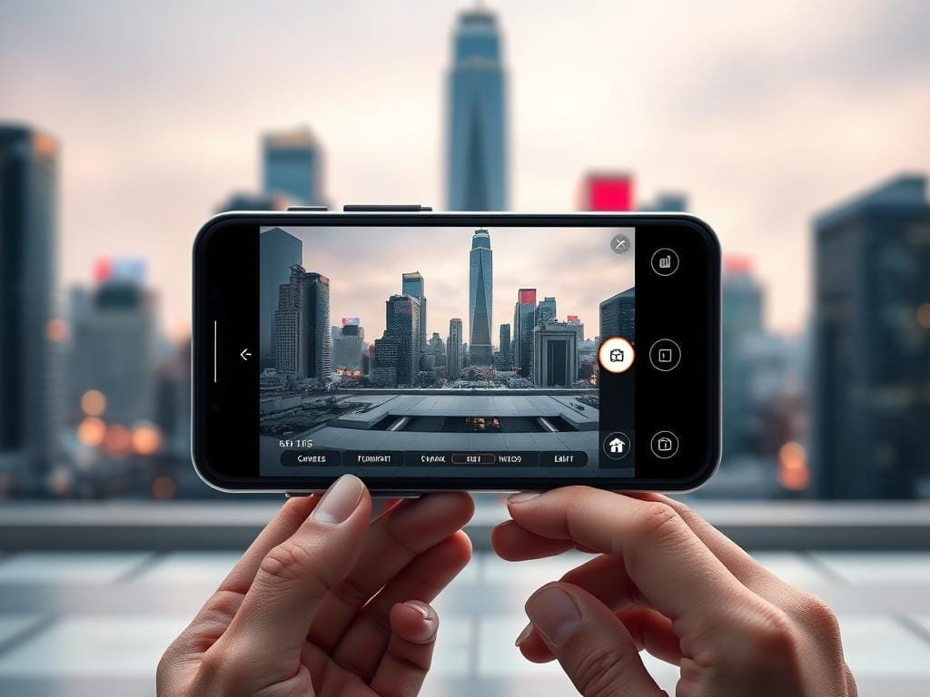 A sleek and intuitive user interface of an AI-powered photography app, with various camera modes and editing tools displayed on a modern smartphone screen. The app's logo and name prominently featured, exuding a sense of technological sophistication. In the background, a blurred cityscape with towering skyscrapers and vibrant lights, conveying the app's urban, futuristic aesthetic. Subtle camera shutter sounds and a serene, minimalist atmosphere set the tone for an immersive, AI-driven photography experience.