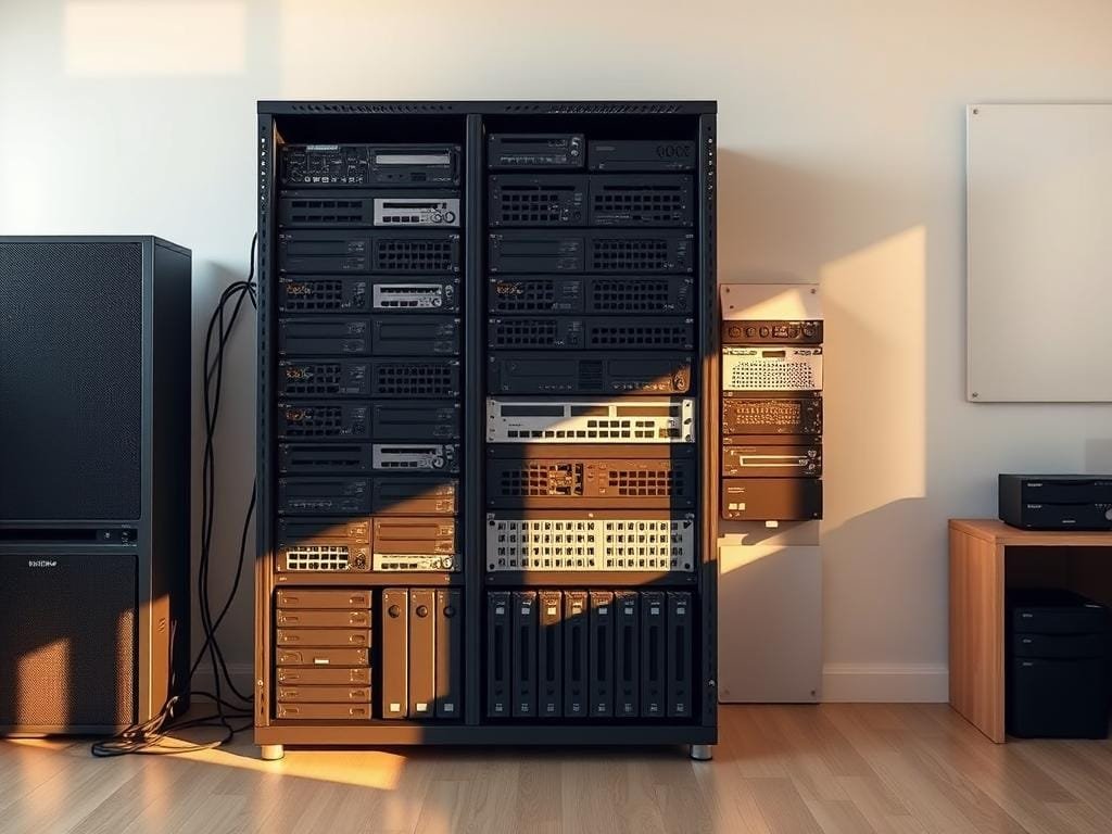 A sleek and minimalist server rack in a bright, airy home office space. The rack features numerous server modules, network switches, and storage drives, all neatly organized and interconnected. The scene is bathed in warm, directional lighting that casts subtle shadows, emphasizing the clean lines and modern aesthetic. The background is a simple, white wall, allowing the server equipment to take center stage. The overall impression is one of efficiency, functionality, and a well-thought-out home server setup.