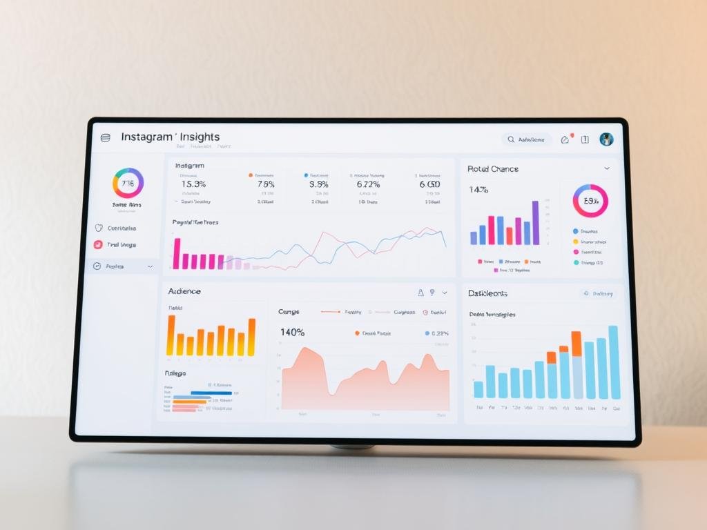 a sleek and modern analytical dashboard showcasing instagram insights data. the foreground features a minimalist user interface with clean typography, colorful charts, and intuitive data visualizations. the middle ground depicts analytical graphs, metrics, and audience demographics. the background has a subtle gradient texture, creating depth and a professional aesthetic. the lighting is soft and diffused, casting a warm glow on the scene. the camera angle is slightly angled, providing an immersive perspective. the overall mood is one of clarity, efficiency, and data-driven decision-making, reflecting the purpose of utilizing instagram insights for better content scheduling.