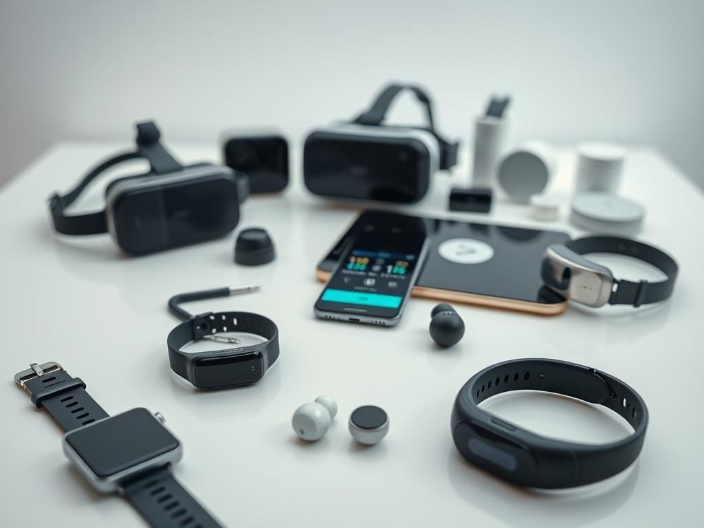 A sleek and modern array of health tech gadgets arranged on a minimalist white tabletop. In the foreground, a smartwatch, activity tracker, and wireless earbuds lie alongside a digital scale and heart rate monitor. The midground features a smartphone displaying a fitness app, while in the background, a VR headset and connected home devices hint at the integration of wellness technology into our daily lives. Soft, diffused lighting casts a clean, clinical glow, emphasizing the high-tech, futuristic nature of these cutting-edge wellness tools.