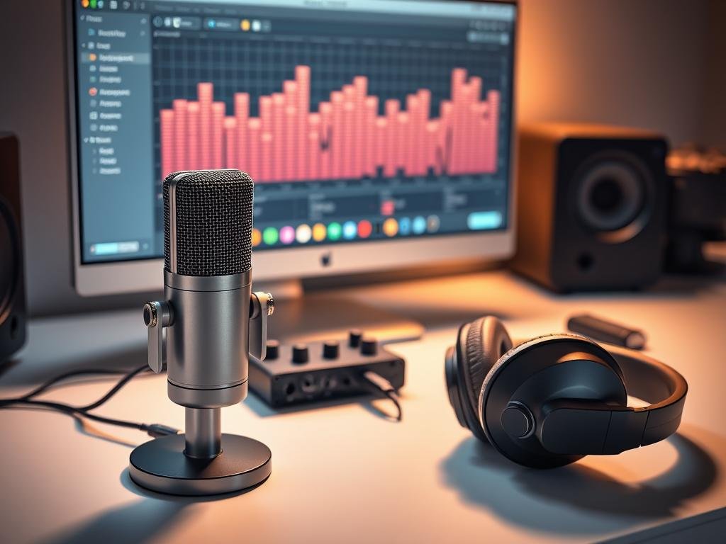 a sleek and modern desk setup with various external audio devices prominently displayed. in the foreground, a high-quality usb microphone with a sturdy metal frame and a directional condenser capsule sits atop a minimalist desk. next to it, a pair of stylish, over-ear headphones with plush memory foam earcups and a detachable audio cable. in the middle ground, a compact external sound card or audio interface with knobs and input/output ports, connected to the desk setup via usb. in the background, a high-resolution monitor displays a visually appealing equalization or audio visualization software, casting a soft glow across the scene. the lighting is warm and directional, creating depth and highlighting the textures and materials of the audio equipment. the overall mood is one of professional, high-fidelity audio production in a clean, organized workspace. a sleek and modern desk setup with various external audio devices prominently displayed. in the foreground, a high-quality usb microphone with a sturdy metal frame and a directional condenser capsule sits atop a minimalist desk. next to it, a pair of stylish, over-ear headphones with plush memory foam earcups and a detachable audio cable. in the middle ground, a compact external sound card or audio interface with knobs and input/output ports, connected to the desk setup via usb. in the background, a high-resolution monitor displays a visually appealing equalization or audio visualization software, casting a soft glow across the scene. the lighting is warm and directional, creating depth and highlighting the textures and materials of the audio equipment. the overall mood is one of professional, high-fidelity audio production in a clean, organized workspace.