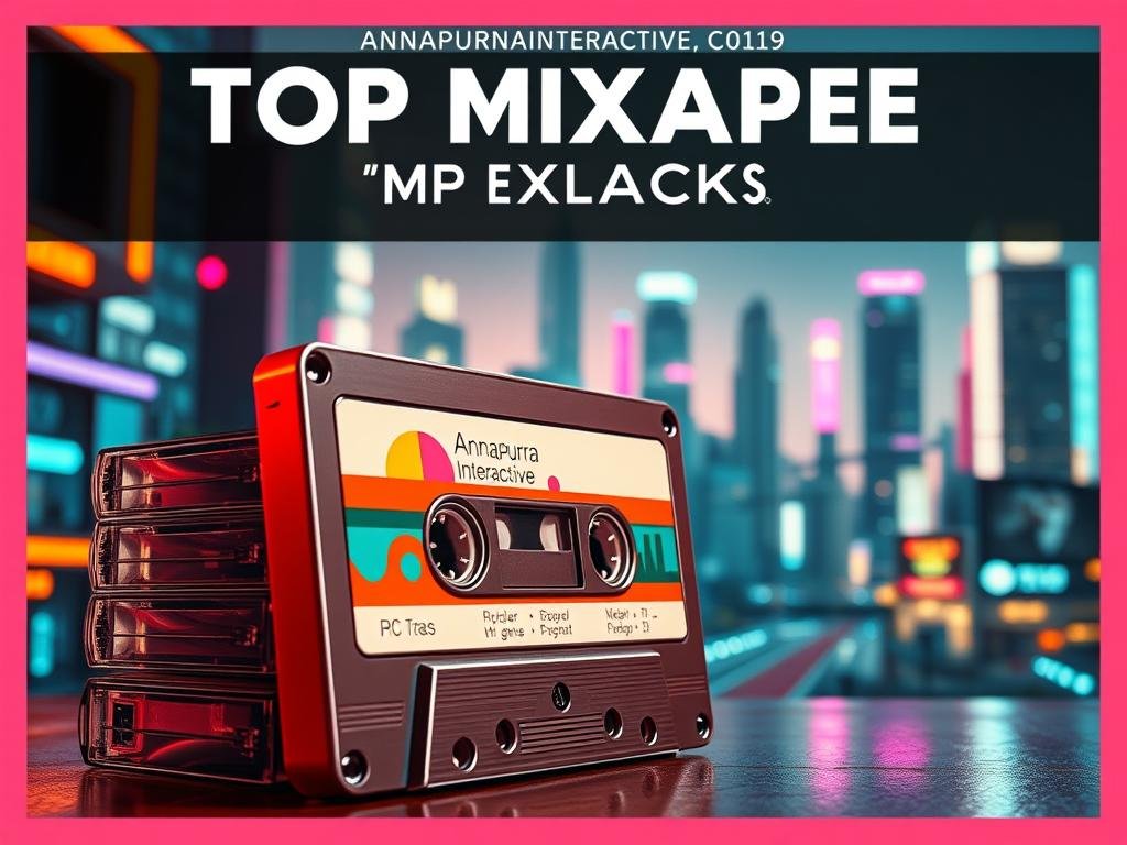a sleek and modern mixtape cover art showcasing the top tracks from annapurna interactive's upcoming indie game titles. in the foreground, a stack of glossy mixtape cassettes adorned with colorful, abstract designs and minimalist typography. the middle ground features a futuristic, neon-lit cityscape, hinting at the diverse settings and themes of the games. the background is bathed in a warm, cinematic lighting, creating a sense of anticipation and critical acclaim. the overall composition is dynamic, with a balance of bold colors, clean lines, and a subtle, retro-futuristic aesthetic.