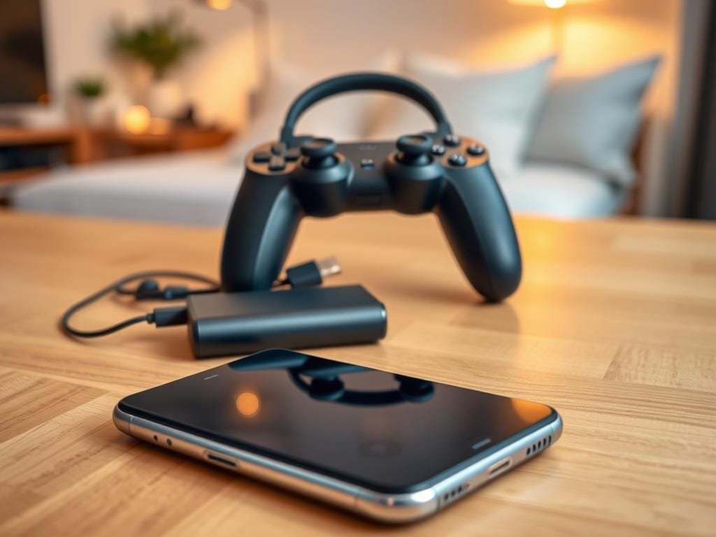 A sleek and organized mobile gaming setup on a wooden desk, with a modern smartphone or tablet prominently displayed in the foreground. The middle ground features a portable gaming controller, wireless headphones, and a power bank. The background showcases a clean, well-lit environment with hints of ambient lighting for a comfortable and immersive gaming experience. The overall composition conveys a sense of portability, efficiency, and a passion for on-the-go gaming.