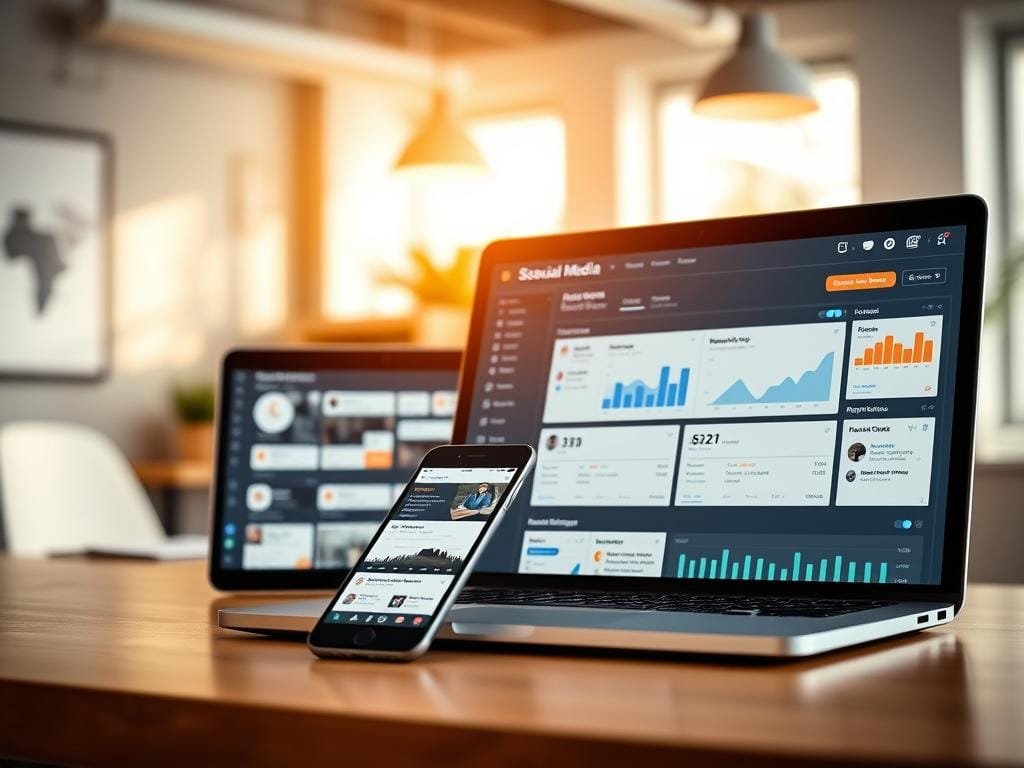 A sleek and professional social media dashboard with a clean, minimalist design. In the foreground, a laptop screen displays various social media analytics and scheduling tools, all neatly organized and easily accessible. In the middle ground, a smartphone and tablet showcase real-time social media updates and engagement metrics. The background features a subtle, blurred office environment, conveying a sense of productivity and efficiency. Warm, natural lighting casts a soft glow, creating a calming and focused atmosphere. The entire scene exudes a sense of control and mastery over social media management.