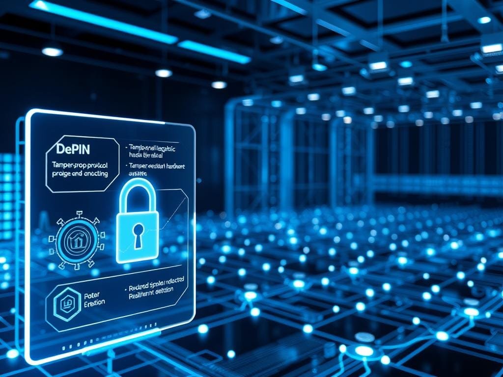 A sleek and secure blockchain network, DePIN's security measures are meticulously designed. In the foreground, a holographic display showcases tamper-proof cryptographic protocols, tamper-resistant hardware, and advanced access control systems. The mid-ground reveals a network of interconnected nodes, each secured by robust encryption and redundant failsafes. In the background, a complex matrix of data streams flows seamlessly, protected by multilayered firewalls and real-time threat detection. The scene is bathed in a cool, futuristic glow, conveying a sense of uncompromising digital fortification. Precise, high-resolution rendering captures the intricate details of this invisible yet impenetrable blockchain infrastructure.
