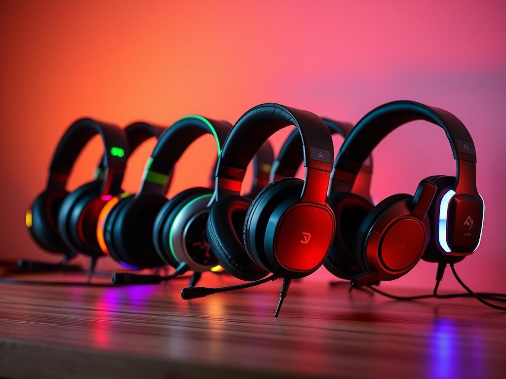 A sleek array of high-quality gaming headsets, meticulously crafted with precision. Stylish, modern designs in a range of vibrant colors, featuring adjustable, padded earcups and noise-cancelling microphones for immersive audio and clear communication. Illuminated with a soft, ambient glow, the headsets are positioned on a minimalist, wooden surface, bathed in warm, directional lighting that highlights their premium construction and attention to detail. The scene conveys a sense of sophistication and technological prowess, perfectly suited to complement the "Essential Gaming Accessories" section of the "Building Your Dream Gaming Setup" article.