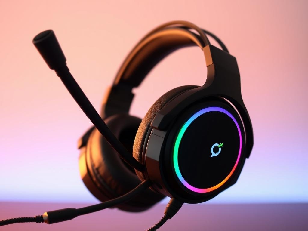 A sleek, customizable gaming headset with adjustable, padded earmuffs and a flexible microphone boom. The headset features a matte black finish with RGB lighting that can be programmed to a variety of colors and patterns, allowing the user to personalize their setup. The headband is made of durable, lightweight metal that can be shaped to fit the user's head comfortably. The ear cups swivel and tilt to provide a secure, ergonomic fit. The headset is connected to a PC or gaming console via a braided, tangle-resistant cable. The scene is illuminated by a warm, ambient light, casting a soft glow on the customizable elements of the headset, emphasizing its adaptability and premium quality.