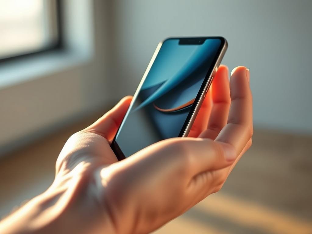 A sleek, foldable smartphone nestled in the palm of a hand, its display seamlessly transitioning from compact to expansive. Brushed metal chassis gleams under warm, directional lighting, casting subtle shadows that accentuate the device's refined silhouette. The screen, crisp and vibrant, showcases dynamic content, hinting at the versatility of this futuristic gadget. In the background, a minimalist, softly blurred environment suggests a modern, technologically-driven setting, emphasizing the foldable phone's role as a cutting-edge, everyday companion. The scene radiates a sense of elegant simplicity, capturing the essence of a transformative smartphone that bridges the gap between portable convenience and immersive functionality.